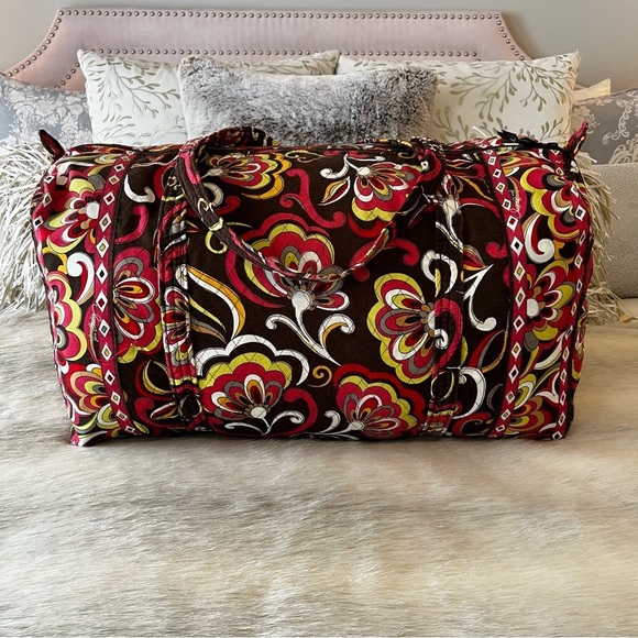 VERA BRADLEY Puccini 2008 Large Duffle Bag 2 Handles Zip Top Brown Yellow Orange - Picture 1 of 15